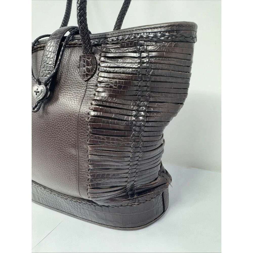 Brighton Brown Pebbled Leather Shoulder Bag w/2 Braided Handles Heart Closure